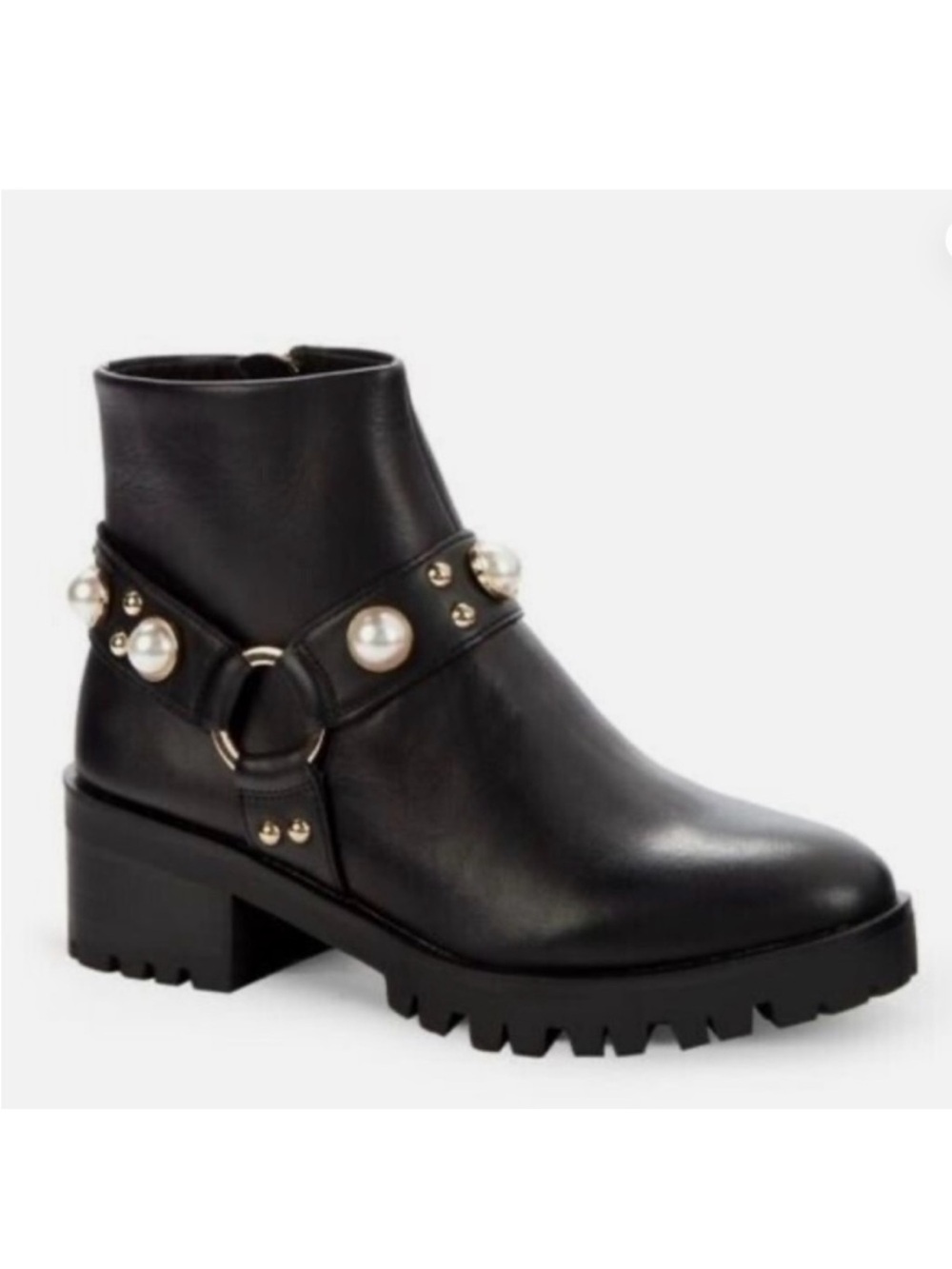 Karl Lagerfeld Paris pixie black moto booties w/pearls gold hardware lug sole